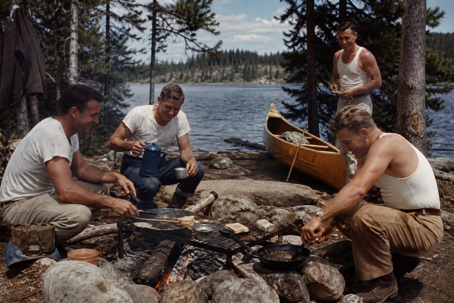 Men in undershirts cooking at a 1950s canoe camp