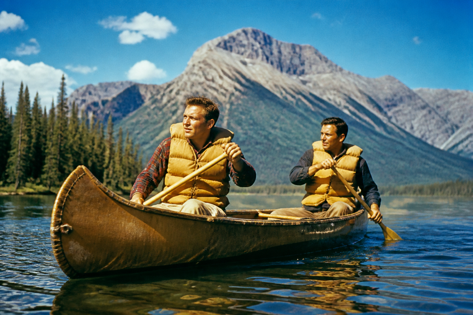Two men in a wood-canvas canoe wearing kapok life vests