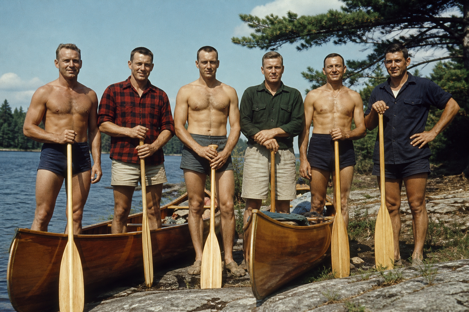 Group of men with paddles and wood canoes, 1958