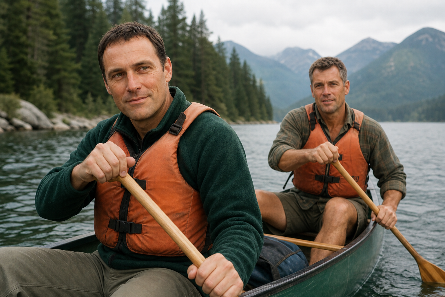 Two younger men canoeing in orange PFDs