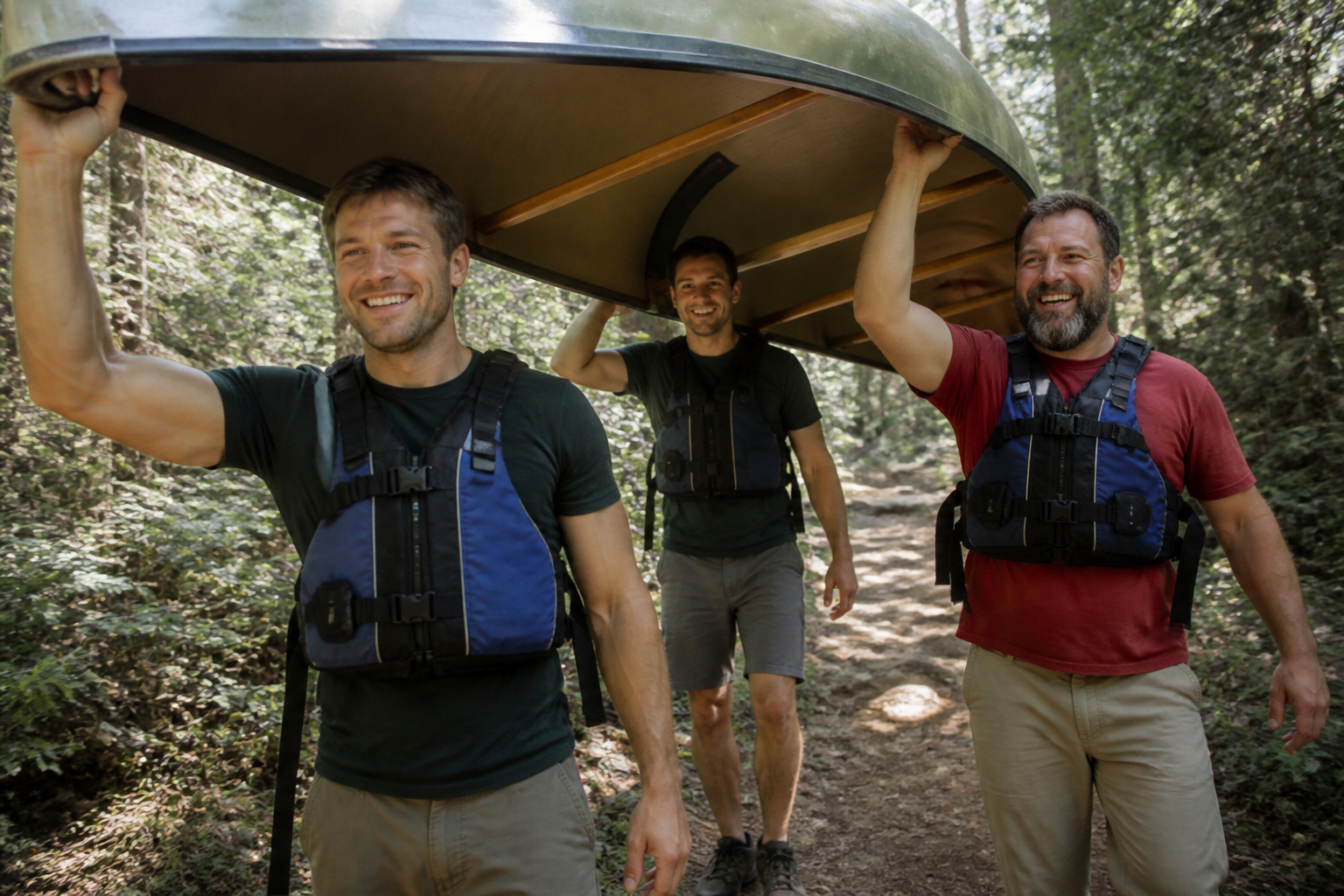 Younger fellows with a canoe on a trail