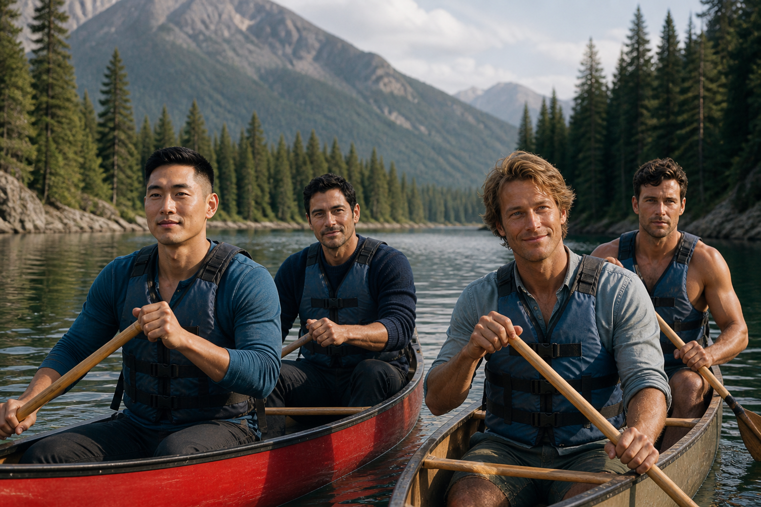 Two tandem canoes on a calm alpine lake, four paddlers wearing life vests