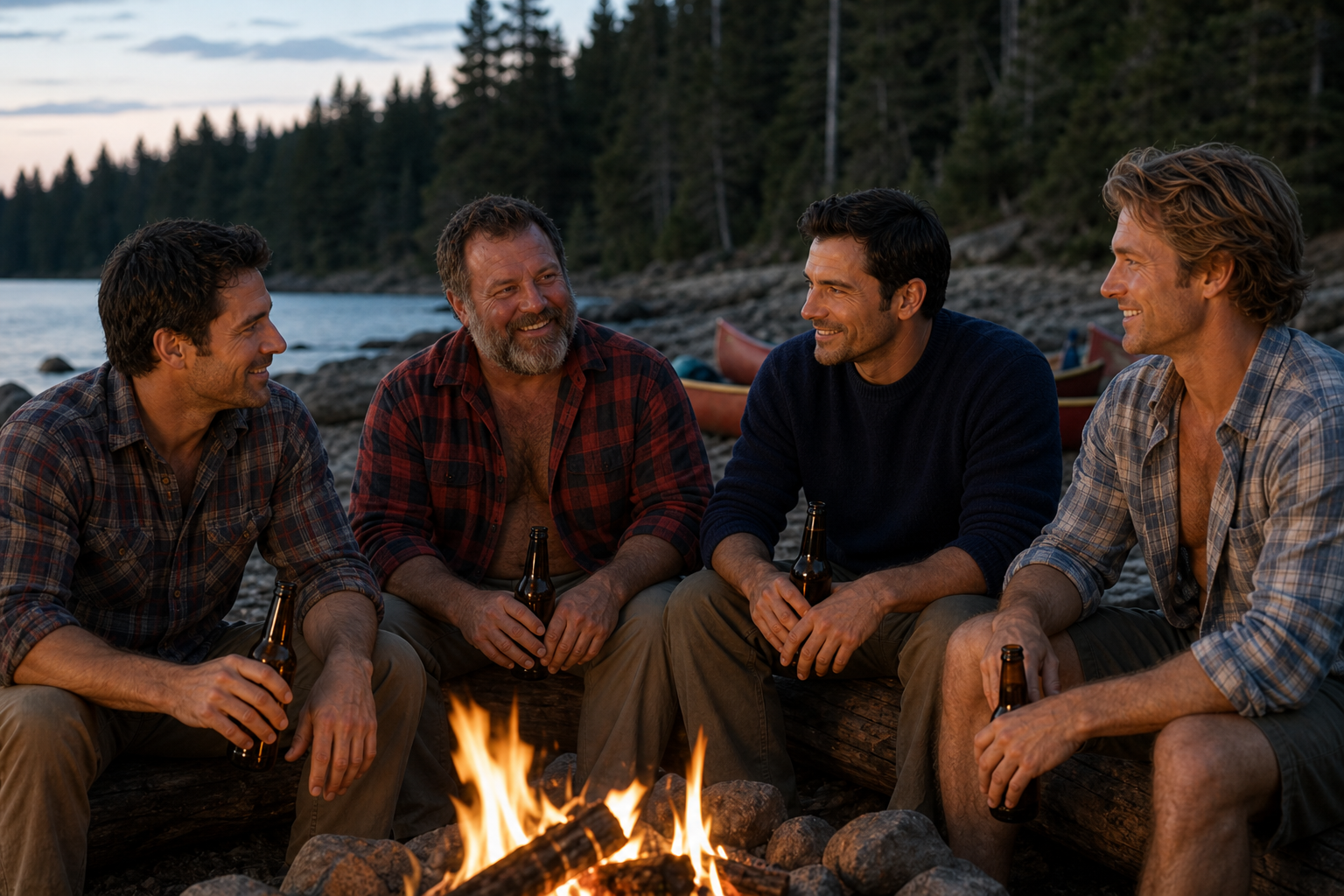 Fellows sitting around a campfire at dusk with beers, canoes on the shore