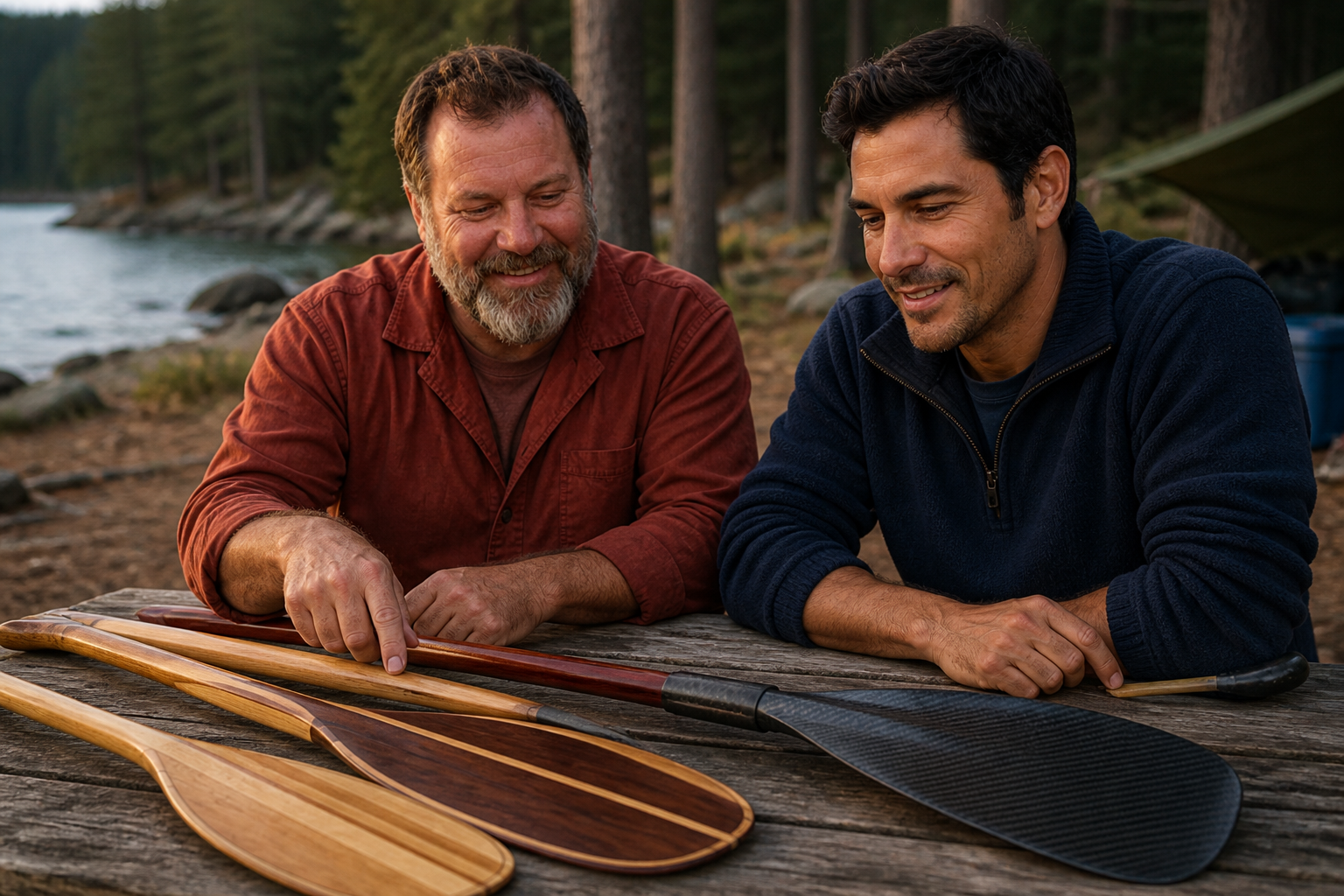 Brick and Sam comparing a wooden ottertail paddle and a bent-shaft paddle at camp