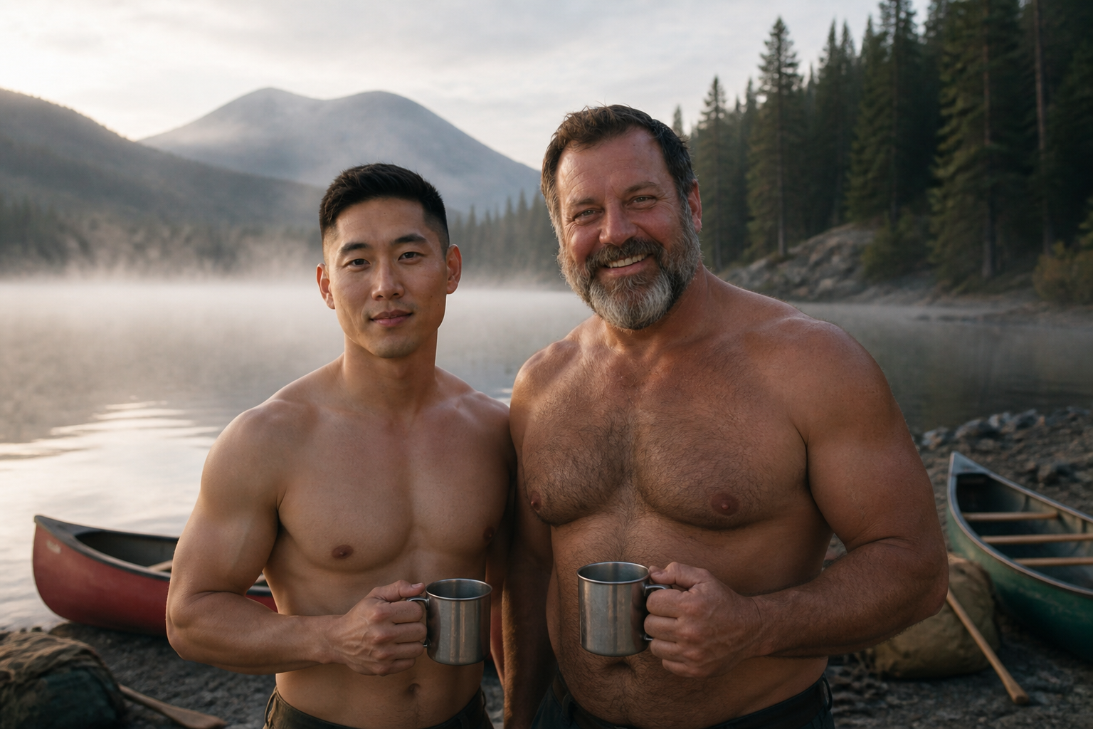 Brick and Marcus drinking coffee at dawn beside canoes on a misty lake
