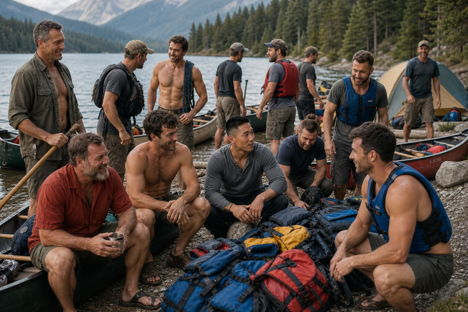 A large group of men and canoes on a lake beach