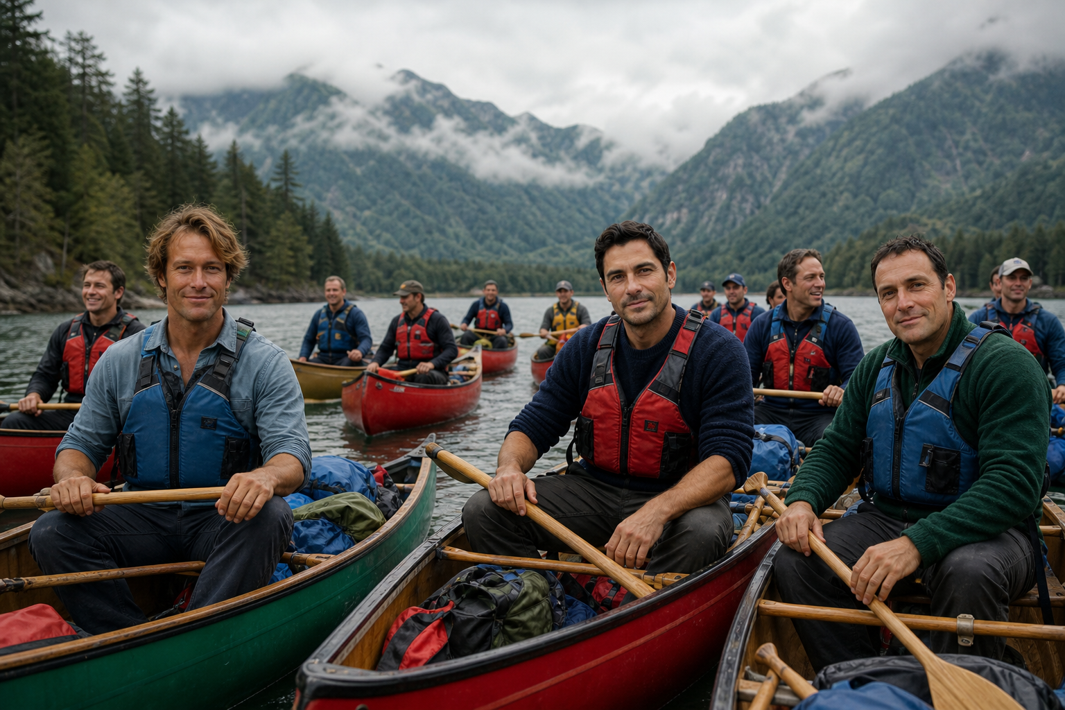 A flotilla of canoes on a mountain lake, paddlers in PFDs