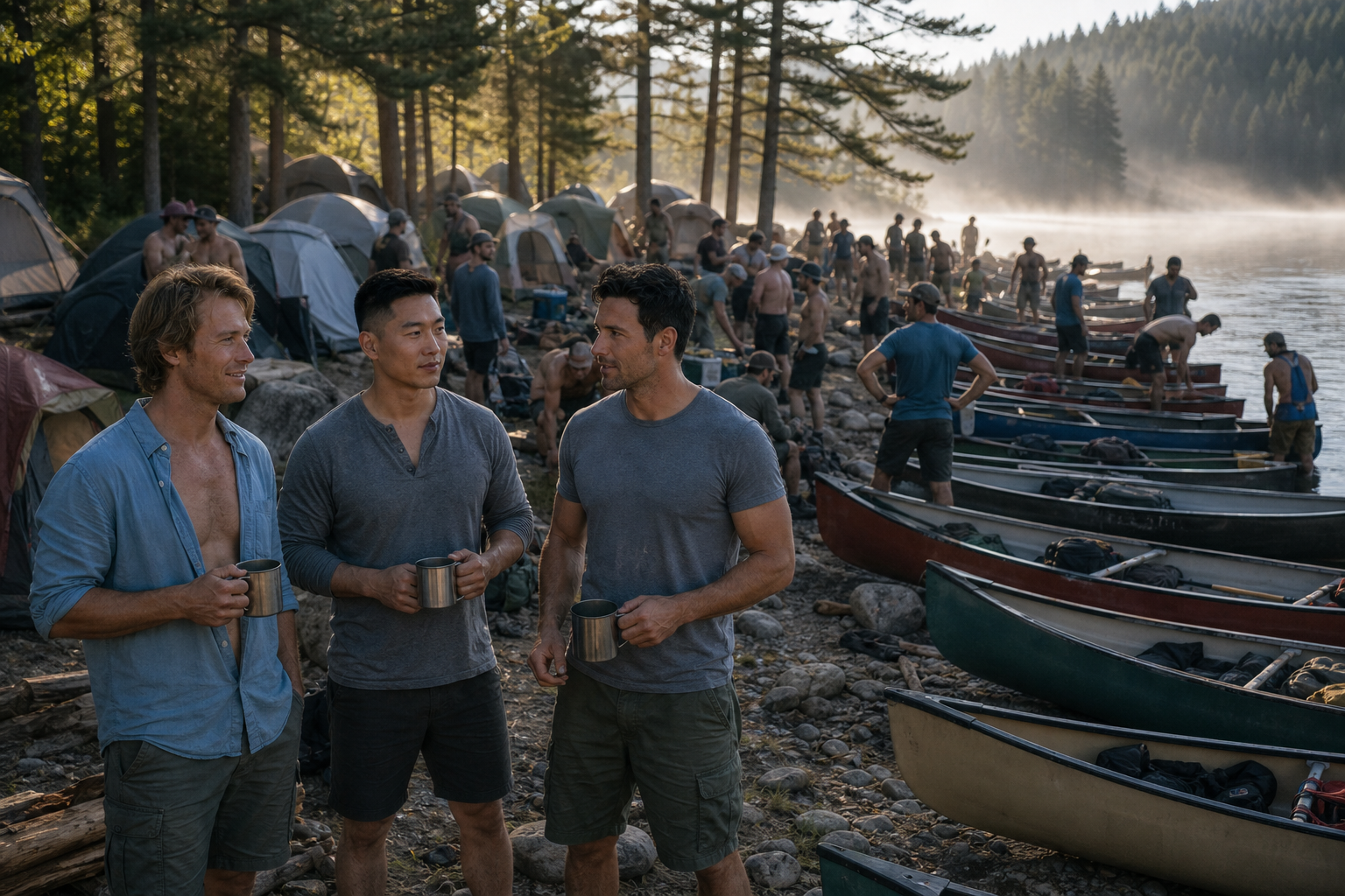 Dawn at a crowded canoe camp