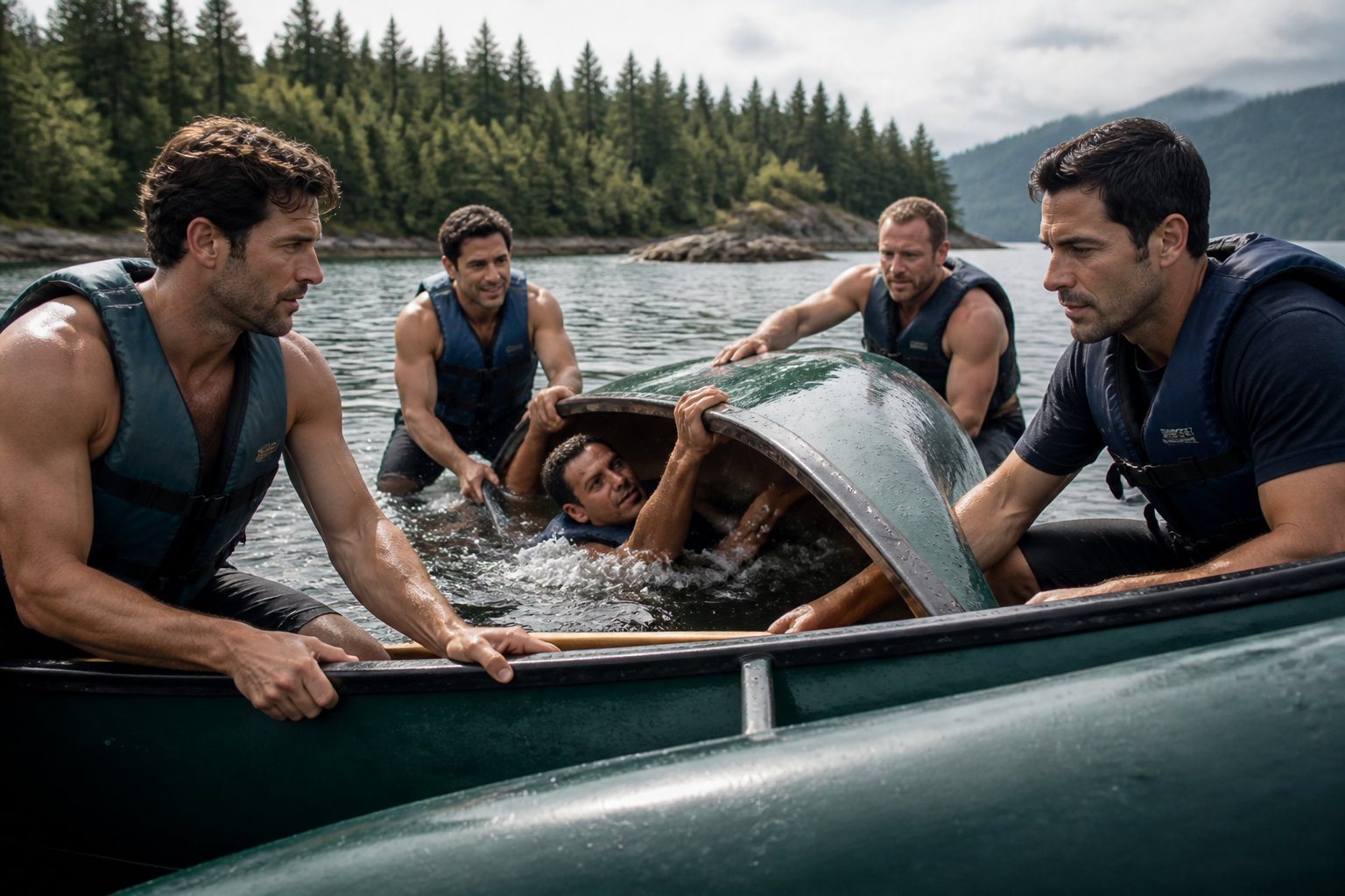 Canoe-over-canoe rescue practice, all wearing PFDs