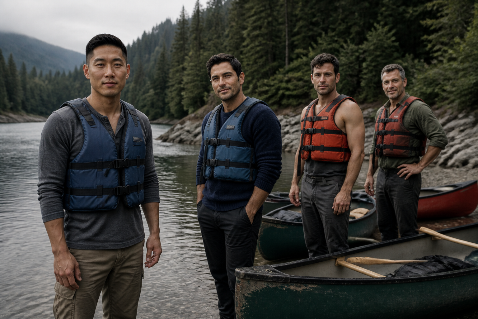Canoes in a river eddy, paddlers in life vests