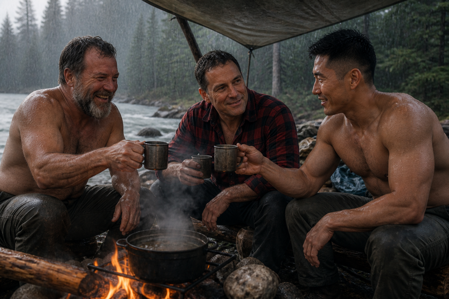 Fellows cooking under a tarp in the rain