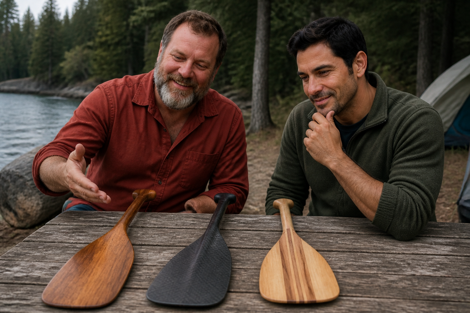 Two fellows comparing canoe paddles