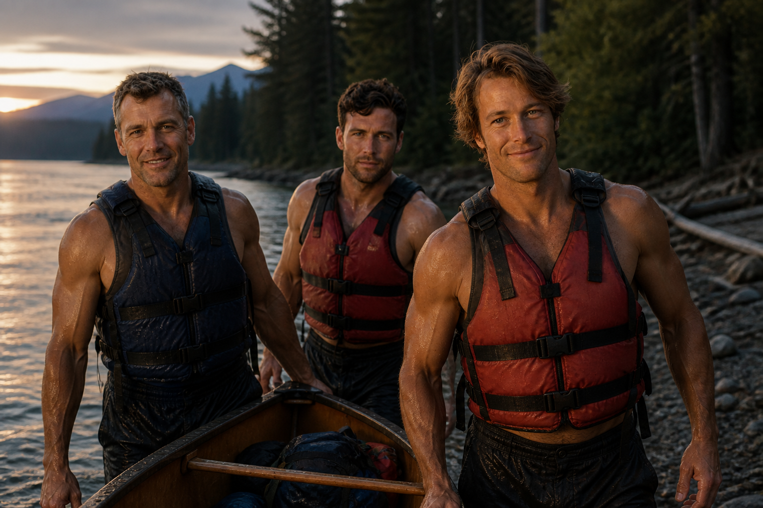Fellows in PFDs taking out canoes at dusk