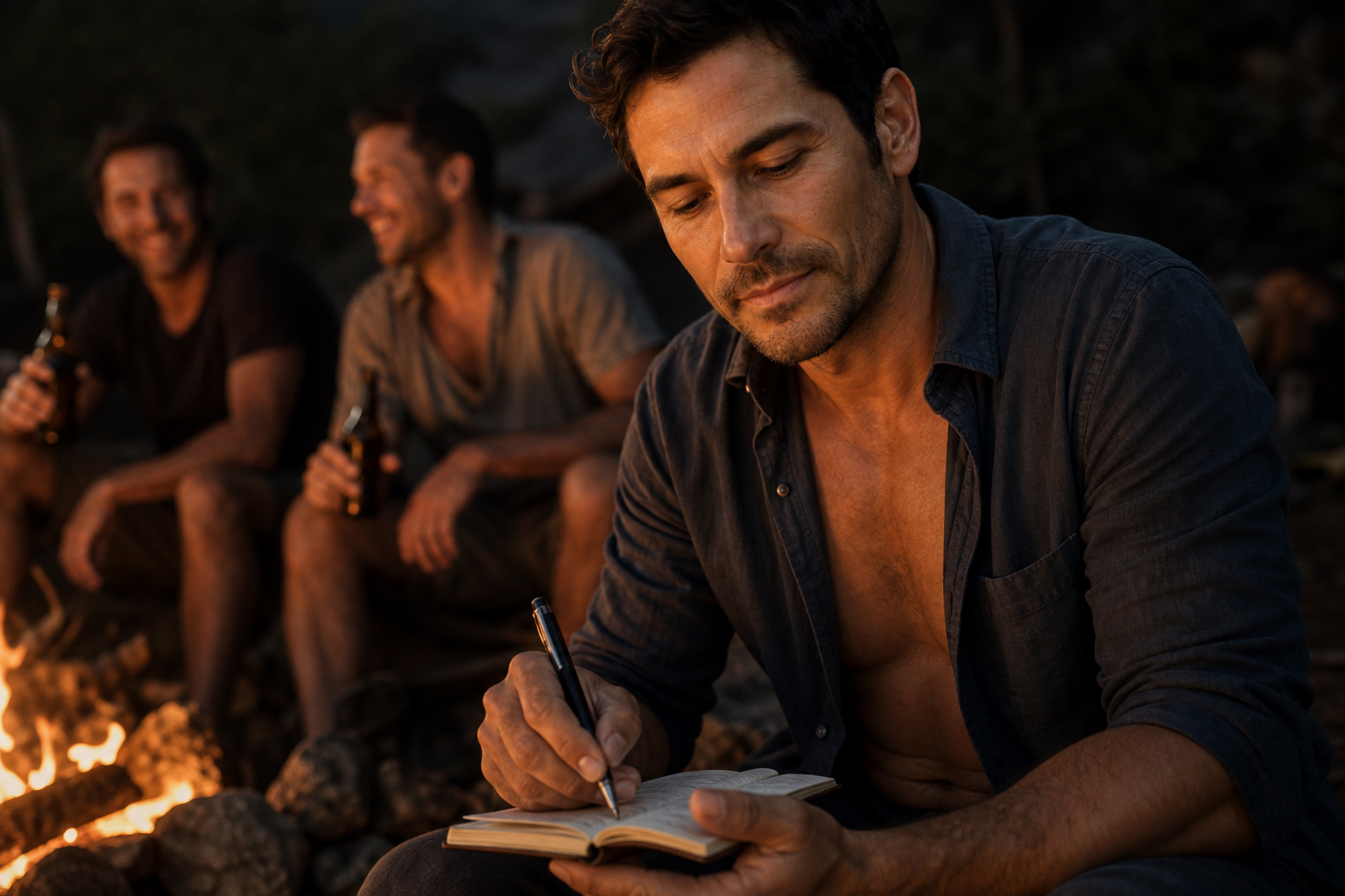 Sam writing in a notebook by the fire
