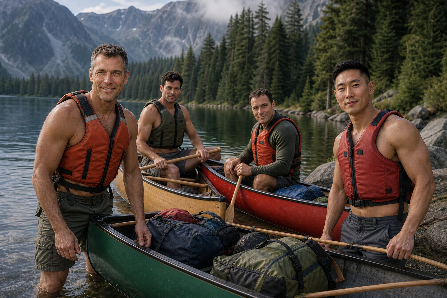 Fellows launching canoes at Cedarkettle, life vests on