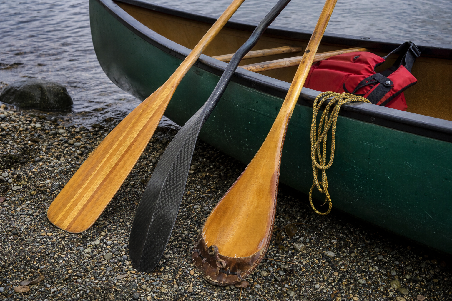 Paddles and a green canoe on the beach